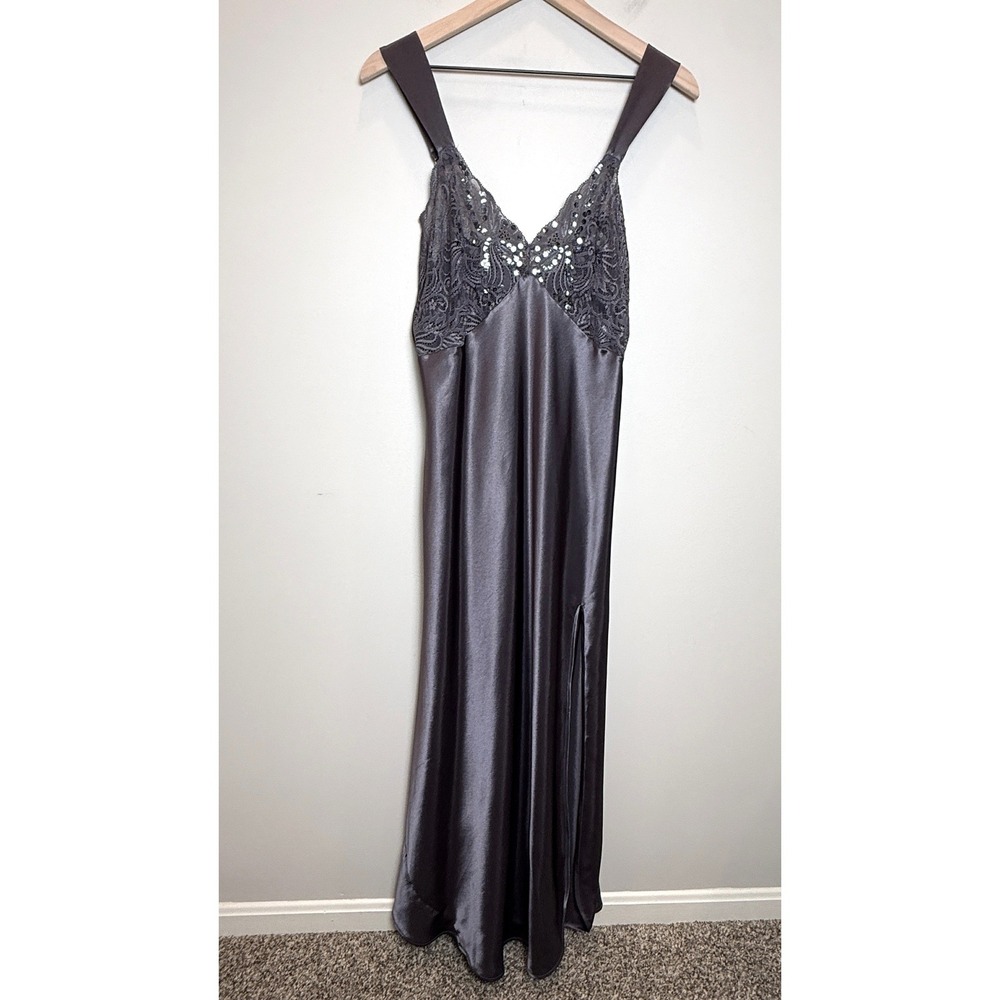 VTG Victorias Secret Gold Label Maxi Satin Dress Gown Lace Sequin Gray L 90s Y2K
